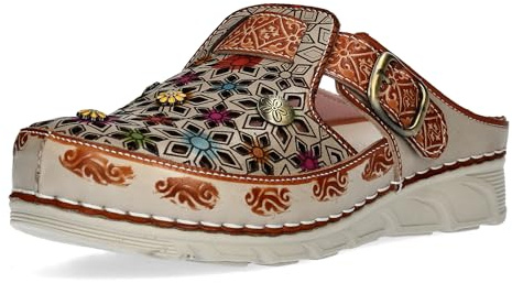 Laura Vita Damen Clog mit Cut-Outs und ornamentalem Muster Dorry 01, Größe:38 EU, Farbe:Braun