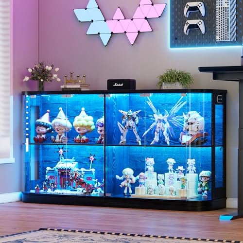 Glasvitrine mit LED Beleuchtung und Gebogenes Glasdesign, 2-in-1 Vitrine/TV Schrank mit Intelligente Sensorik, 160cm Breite Vitrinenschrank Stehend Lego Vitrine Staubdicht für Wohnzimmer Schlafzimmer