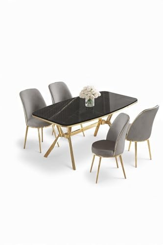 Elegantes 5-teiliges Esszimmer-Set mit Tisch und Stühlen, Schwarzer Marmor & Gold, 160 x 90 cm | 100% lackierte Platte, Metallbeine, modernes Design