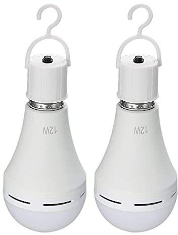 Lixada Pack of 2 Multifunctional Rechargeable 12W Emergency LED Light Bulbs 60W Equivalent 6000K Bright Outdoor Hanging Lamp Lights for Power Outage Camping Garden Parties-E26/E27, AC100~240V
