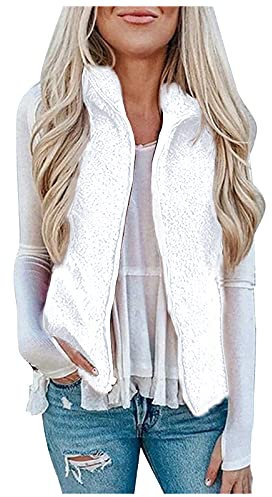 HHMY Gilet in pile da donna senza maniche, con tasca e chiusura lampo, taglia S - 5XL, bianco, XXL