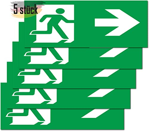 Notausgangsschild 5 stück Premium Aufkleber- 24 cm x 9 cm Flucchtwegschild - Schild Notausgang Aufkleber- für Infoschild, Rettungsweg, Fluchtweg, Notausgang, Sicherheitsmarkierung (Pfeil →)