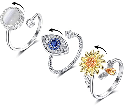 FUNEIA Fidget Ring für Frauen Einstellbarer Angst Ring für Frauen Fidget Spinner Ringe für Angst Zirkonia Sonnenblume Schmetterling Böser Blick Anti-Angst Ring Set Spinner Ring zum Stressabbau