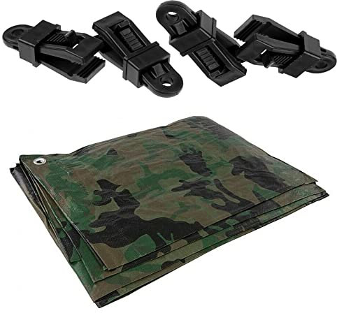 3 x 4 m Tarpaulin Waterproof Heavy Duty Cover Camping Ground Sheet Caravan Furniture Multipurpose + 4 Tarp Clips (Camo/Army – 90 GSM)