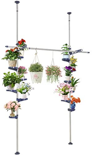 Hershii Expandable Plant Stand Double Tension Poles Holder Indoor Metal Flower Display Racks Floor to Ceiling Tall Decorative Storage Shelf with 12 Trays, 2 Arms & 1 Hanging Rod - Navy Blue