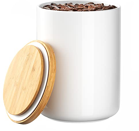 Boîte de conservation alimentaire en céramique blanche de 1050 ml avec couvercle hermétique en bambou et joint en silicone pour comptoir – Idéal pour la farine, le café, le sucre, les friandises pour
