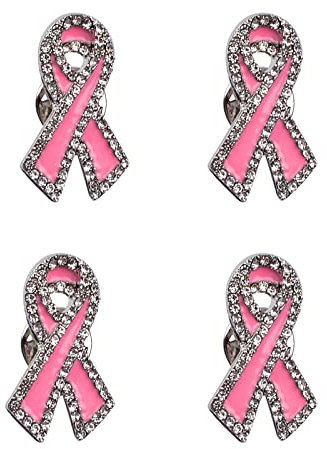 WANDIC Lot de 4 Broches en Forme de Ruban Rose en Strass pour Sensibilisation au Cancer du Sein et à l'espoir pour Femme