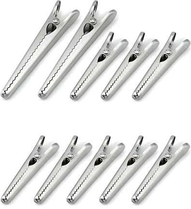 QWORK 10 Stück Edelstahl Verschlussclips, 8 cm und 11.5 cm Verschlussklammern Tütenclips Alligator Clips für Küche und Haus
