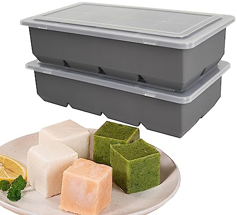 Silicone Ice Cube Tray with Lid- Pack of 2- Extra Large Ice Cube Mould - Easy Release Flexible BPA Free, Big Ice Cubes Perfect for Whiskey Spirits Cocktails Party Drinks, Food Freezer Trays (Gray)