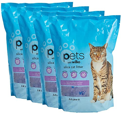 wilko Silica Cat Litter Crystals - Each Pack 3.8L - 4 Pack - Absorbent, Dust-Free & Odour Controlling - Economical & Long Lasting - Bundle - Make Cleaning Easier