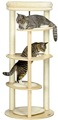 PawHut Árbol Rascador para Gatos de Madera 123,5 cm Torre Escalador para Gatos con Múltiples Plataformas Cama Desmontable y Cojines Ø54x123,5 cm Roble