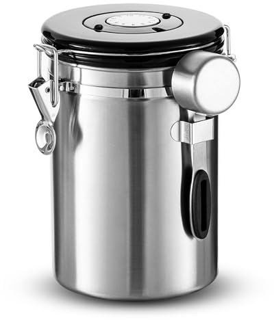 Dyserbuy 1.8L Coffee Bean Storage, Airtight Coffee Container, Storage Jar with Date Tracker and 30ML Measure Scoop &6 CO2 Valve for Beans, Grounds, Tea, Sugar (Silver)