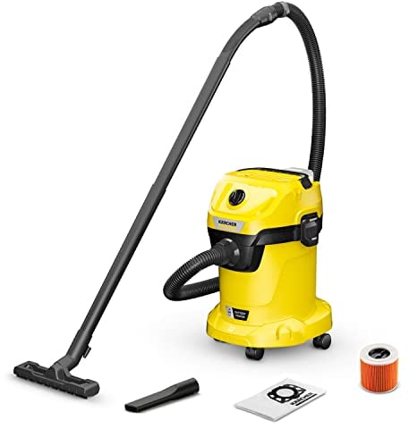 Kärcher WD 3-18 V-17/20 - Bidone Aspiratutto Solidi Liquidi, Potente Aspirapolvere a batteria da 18V, 300W, con Sacco, Funzione soffiante, Giallo/Nero