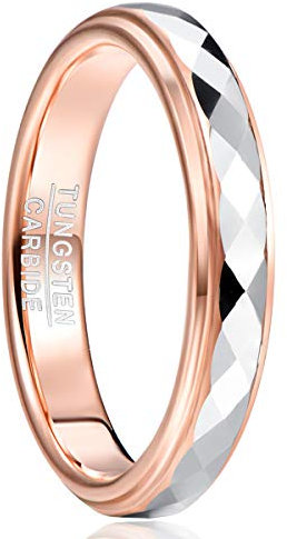 TUNGSTORY Wolframcarbid Ring Roségold 4mm Breit Facetten Rhombus Dreieck Freundschaftsring Stufenkanten Hochzeitsring für Herren Damen Größe 56(17.8)