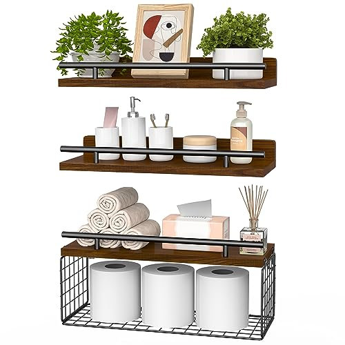 NiHome 3-Tier Floating Shelves with Wire Storage Basket, Rustic Wall Mounted Shelves for Bathroom, Bedroom, and Kitchen, Natural Pine Wood Shelves for Wall Decor and Home Organization