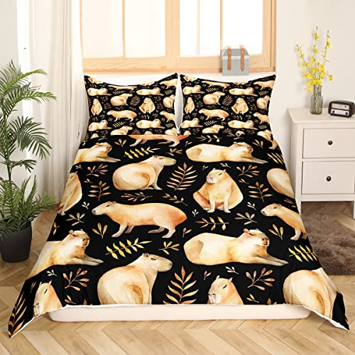 Kinder Capybara Bettwäsche 135x200,Brown Capybaras Bettwäsche Set Nette Zimmer Dekor für Teens Mädchen,Lustige Nagetiere Tiere Bettbezug Schwarz Mikrofaser Bett Set,Geschenke für Capybara Liebhaber