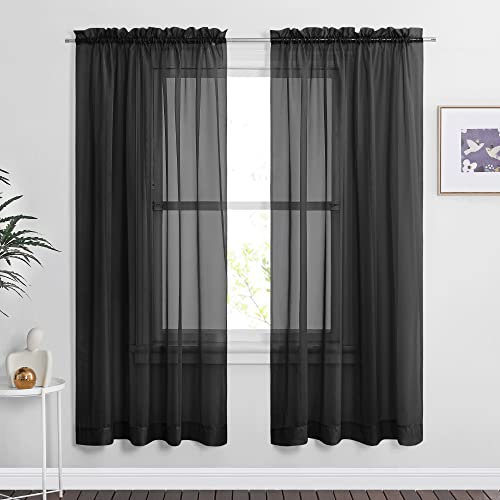 PONY DANCE Black Voile Curtains for Living Room - 60x72 Inches Net Curtains for Windows Privacy Screen Sheer Woven Voile Dual Slot Top, Semi Transparent Sheer Panels, Set of 2