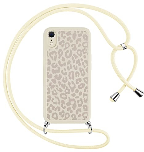 Yoedge Handykette Handyhülle für iPhone XR Hülle mit Band 6,1, Smartphone Necklace Schutzhülle mit Kordel zum Umhängen, Weich TPU Cremeweiß Silikon Leoparden Muster Stoßfest Bumper Case für iPhone XR
