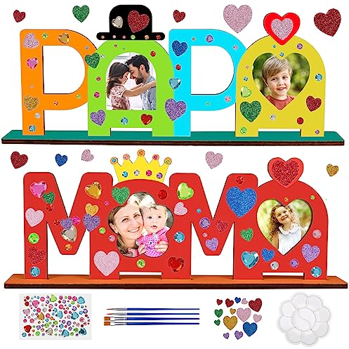 DKINY MAMA PAPA Geschenk MAMA und PAPA Holzbuchstaben Bastelset für Kinder Eltern Holznamen bemalen und Fotos ankleben für Mutter Vater Beste Geschenk zum Muttertag Vatertag von Tochter Sohn