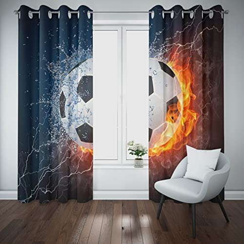 MUZHILI Fußball-Verdunkelungsvorhänge für Schlafzimmer und Wohnzimmer, blaue und grüne Thermovorhänge, Thermovorhänge, für Jungen, Kinder, Kinderzimmer, Vorhänge (B x T): 168 x 137 cm