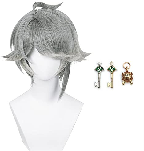 Xingbiyou Al Haitham Cosplay Perücke mit 3 Schlüsselanhänger,Kurze graue Halloween Party Perücken