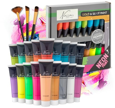 Nassau Fine Art Acrylfarben-Set: 18 Premium-Farben, einschließlich Neon- und Metallic-Gold und Silber | Wasserdicht, hohe Deckkraft und schnell trocknend | Perfekt für Künstler und Hobbyisten | 36 ml