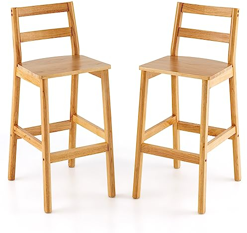 COSTWAY Bar Stools Set of 2, Rubber Wood Counter Height Kitchen Stools with Backrest and Footrests, 71cm High Seat Breakfast Pub Chairs for Dining Room Restaurant Hotel, Natural