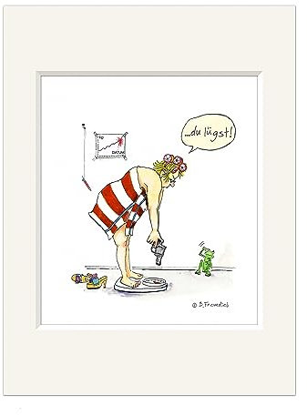 Generic | Frau auf Waage Du lügst | Passepartout Kunstdruck Wandbild | 24 x 30 cm | Cartoon Wandbild mit Rahmen