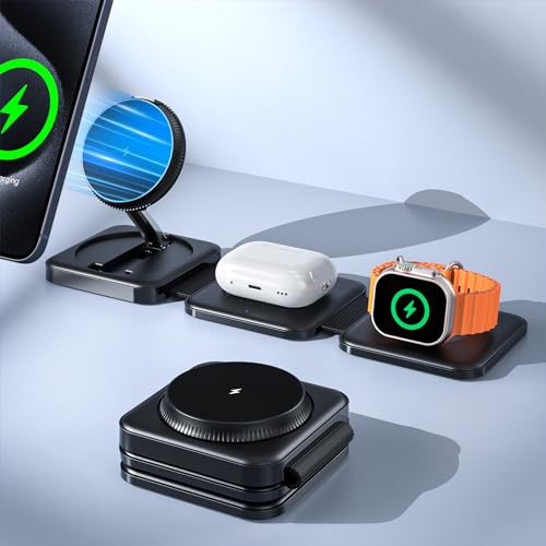 Wireless Charger Mag-Safe Ladestation Für iPhone, Hinyx 3 in 1 Faltbare Kabelloses Ladegerät Kompatibel mit iPhone 15/14/13/12/11Pro Max Plus,Travel Charging Station Für Apple Watch & Air Pods