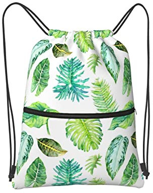 SJOAOAA Borsa con coulisse con foglie tropicali acquerello, zaino con cerniera e coulisse, resistente all'acqua, sacca sportiva da palestra con tasca laterale per uomo e donna, Nero , Taglia unica