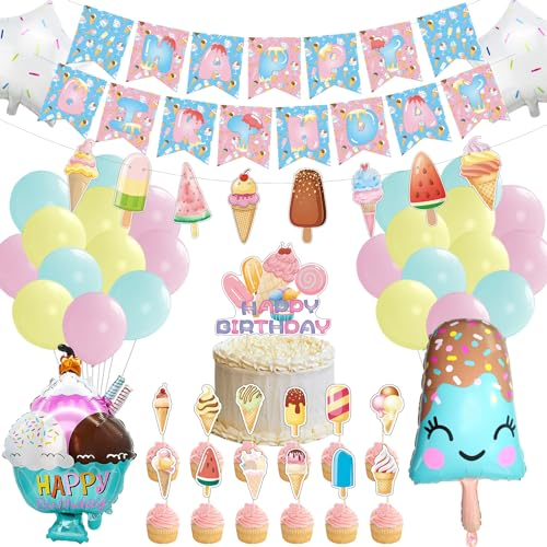 Obussgar Eiscreme Geburtstag Dekorationen - Banner, Ballons, Kuchen Toppers für Kinder Party