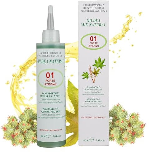 Olio per Capelli Secchi e Crespi Ristrutturante, 200 ml, con olio di Ricino, Mandorle, Cocco, olio di Argan e Tea Tree - Anche per Corpo e Barba - Oildea Natural Mix 01 Forte