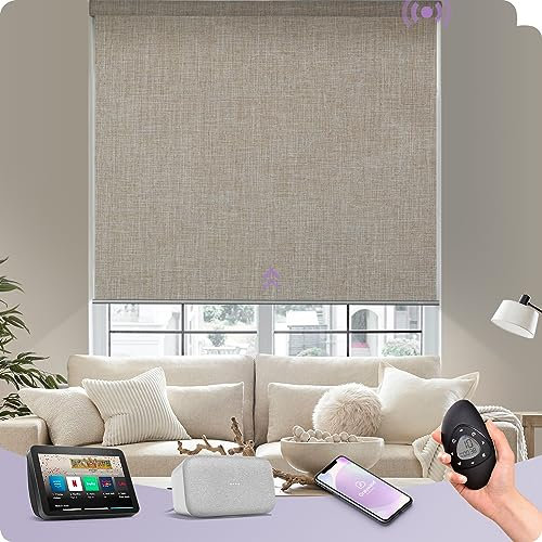 Graywind Customised Smart Blackout Roller Blinds Compatible with Alexa Google, Thermal Insulated Rechargeable Electric Blinds with Remote, Triple Weaved Fabric Motorised Window Shades, Light Coffee