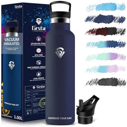 Grsta Gourde Isotherme, Gourde Sport 1000ml, Bouteille Isotherme sans BPA, Gourde Metal, Gourde INOX Reutilisable, Gourde avec Paille pour Gym, Voyage, Bureau