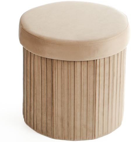 Zedelmaier Runder Samt Aufbewahrungshocker,Sitzhocker mit Stauraum,Samthocker,Polsterhocker Rund,Fußstütze Hocker,38X36cm 36L (Beige)