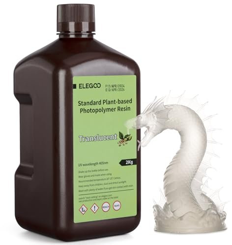 ELEGOO Plant-Based Standard 3D Printer Resin with Ultra-low Odor and High Precision, 405nm UV Photopolymer Resin, Quick Curing for Resin 3D Printing - Translucent 2KG