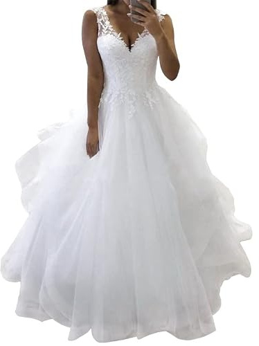 SEVENYXX Robe de Mariée a - Word Tulle Robe de Bal Dentelle Robe de Mariée v - Neck Robe de Mariée Princesse, Blanc, 38