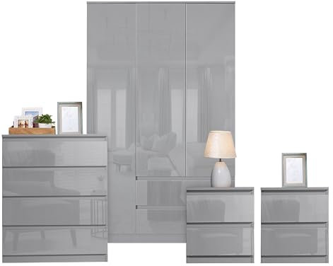Blisswood High Gloss 4 Piece Bedroom Set With 3 Door Wardrobe & 4 Drawer Chest of Drawer + 2 Drawer 2 Bedside Table Cabinet Bedroom Furniture Set for Bedroom Storage furniture (Grey)