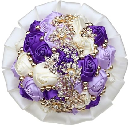 Ramo de novia de satén rosa accesorios románticos hechos a mano flores artificiales damas de honor decoración de mano ramo de novia (color: morado lila marfil, tamaño: 21 cm de diámetro)