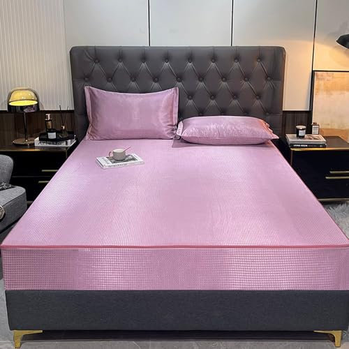 LDLCYCN Queen Size Cooling Mattress Protector Pad Bed Cover Breathable Soft Mattress Pad Cover Ice Silk Jacquard Fabric Fitted Sheet Zipper Style 6-Sided Wrapped Mattress Topper,rose pink,47x79inch