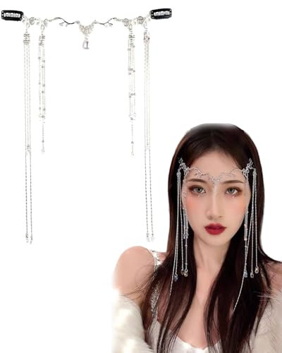 AORHOFJ 1PCS Diadema para mujer, cadena de cabeza de gota de agua, sombrero, adorno de pelo de hada, cadena para la frente, diadema de cristal, ropa de pelo, borla larga, tocado