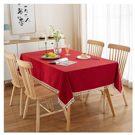 Lieson Tischdecke Rechteckig 90x90 cm, Baumwolle Tischtuch Abwaschbar Einfarbig mit Quasten Tischwäsche für Outdoor Party Küche, Rot
