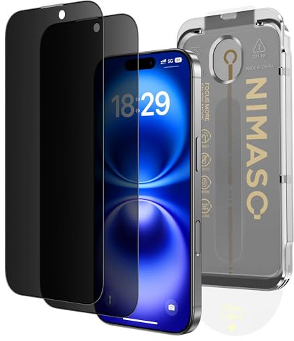 NIMASO iphone 16/15 screen protector privacy 6.1-Inch, Dust-free Instant Installation, 9H Hardness Anti-Spy Tempered Glass, Full Coverage, Military Grade Shatterproof, Anti-Scratch, 2 Pack