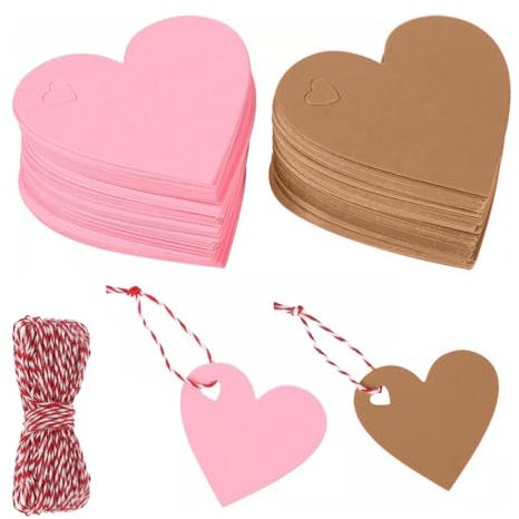 200 Stück Herz Kraftpapier Anhänger, Rosa Geschenkanhänger, Herz Kraftpapier Anhänger Etiketten Rot und Baumwollschnur 20M für Party Geburtstag Valentinstag Christmas Hochzeit