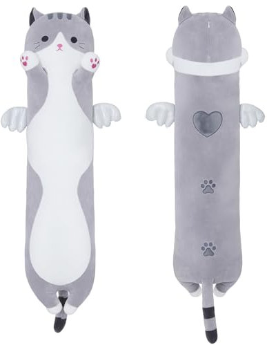 Yeqivo 2025 Neue Katze Kuscheltier Kawaii Katzen Plüschkissen Stofftiere Langes Katzen Plüschkissen niedliches Cat Plüsch Tier Körperkissen Kinder Plüschtier (Grau,90CM)