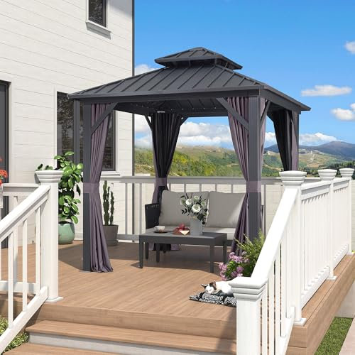 PURPLE LEAF Gartenpavillon 2.4 x 2.4 m Festem Dach, Basisch Pavillon Wasserdicht Stabil Winterfest Stahldach Hardtop Pavillon mit Seitenteilen Alu Grillpavillon, Grau