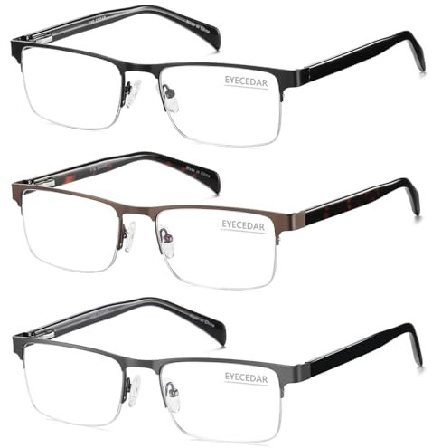 EYECEDAR 3-Pack Reading Glasses Men Blue Light Blocking Computer Eye Glasses Metal Half Frame Rectangular Style Adjustable Spring Hinges Flexible Temples Eyeglasses Readers for Men 2.0