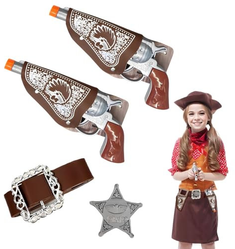 6 Stück Cowboypistole, Cow-Boy Zubehör Kinder, Spielzeug Pistole Cow-Boy, mit Halfter, Gürtel, Fünfzackiges Sternabzeichen, Western Pistole Kinder, für Karneval Halloween Mottoparty Cosplay