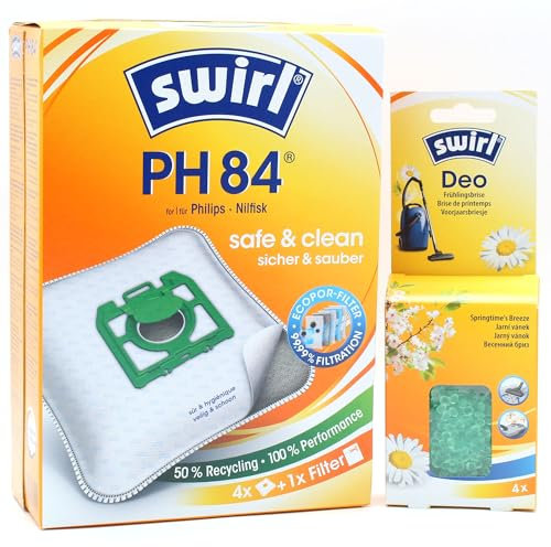 PakTrade 4 Staubsaugerbeutel + Deo-Perlen kompatibel mit Philips Oslo (Beutel/Bag!), Silence | kompatibel mit Swirl PH84 - PH 84 | 4 Beutel, Lufterfrischer, Zubehör, Ersatzteile