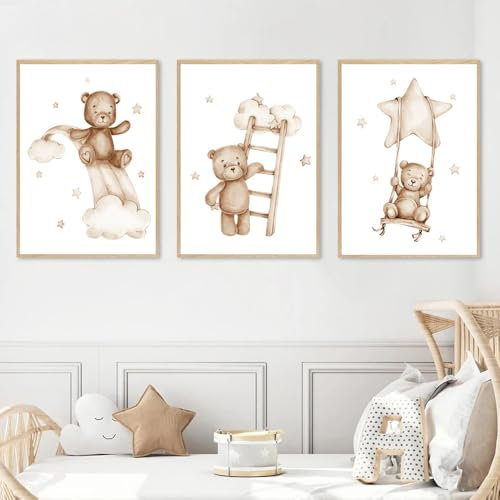 3 Bilder Bär Baby 30X40CM Poster Bär Kinderzimmer Leinwand Babyzimmer Mädchen Poster Beige Baby Bilderwand Kinder Junge Bilder Kinderzimmer Junge Teddybär Wolke Stern ohne Rahmen